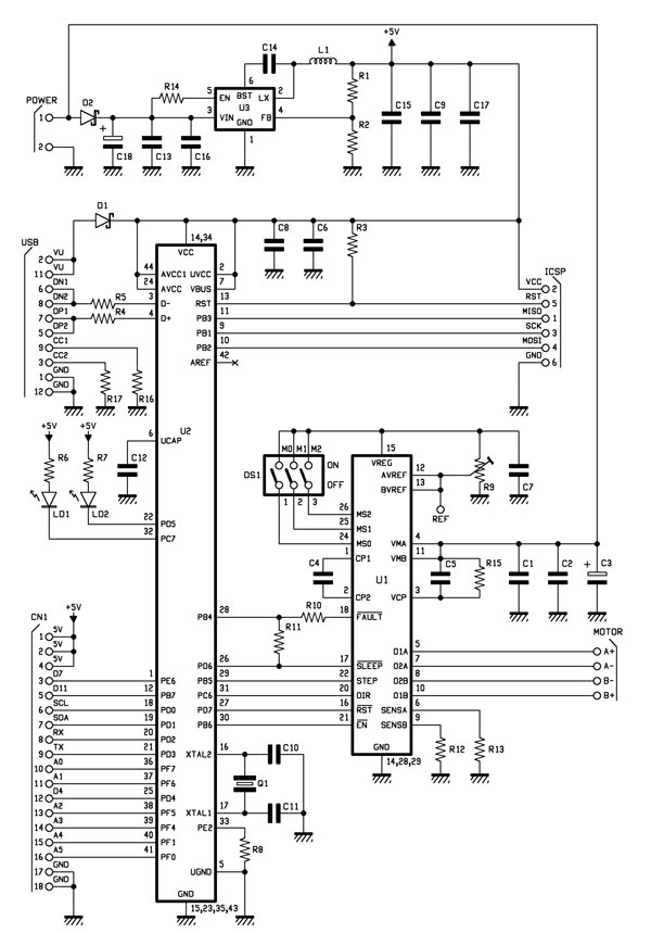 Stepper motor control board with DRV8825 and ATmega32U4 microcontroller