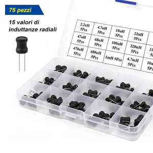 Assortment box of radial inductors with 15 different values