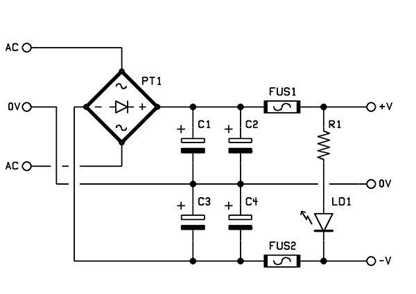 Unregulated ±46Vdc dual power supply module for audio amplifiers