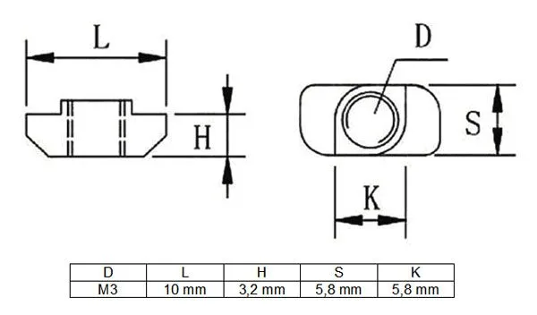 Pack of 10 “T” nuts M3x10, series 20, 6 mm slot - Image 3