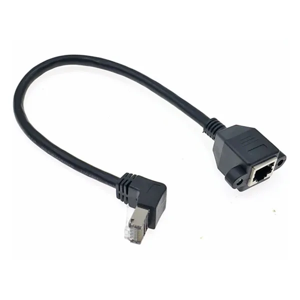 Male 90° RJ45 to Panel-Mount Female RJ45 Cable - 30 cm - Bottom Fixing - Image 1