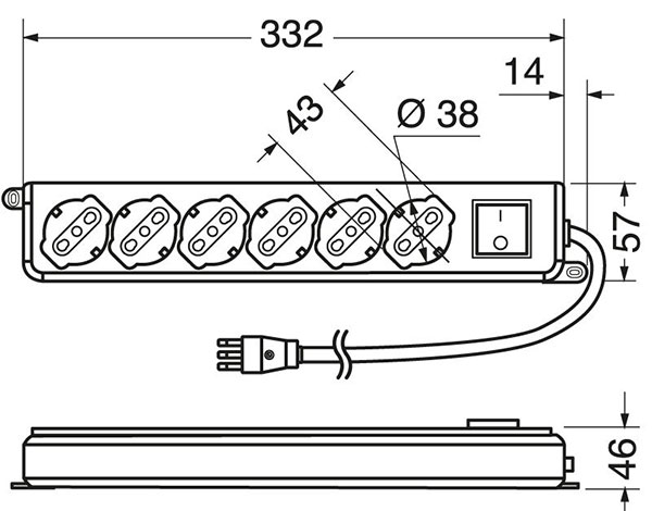 universal 6-way multi-socket - dimensions
