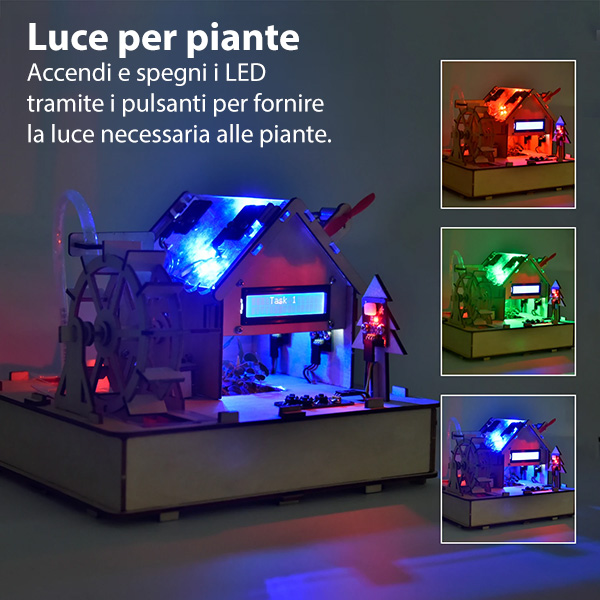 Grow light: turn the LEDs on and off with the buttons to supplement the visible light plants need.