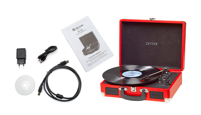 Vintage suitcase-style portable turntable with USB output - Red case