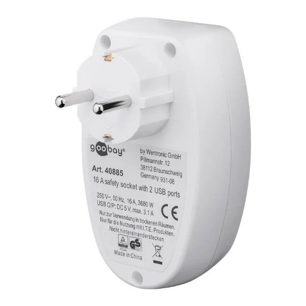 16 A Pass-Through Mains Socket with 2 USB Outputs, 3.15 A - Image 4