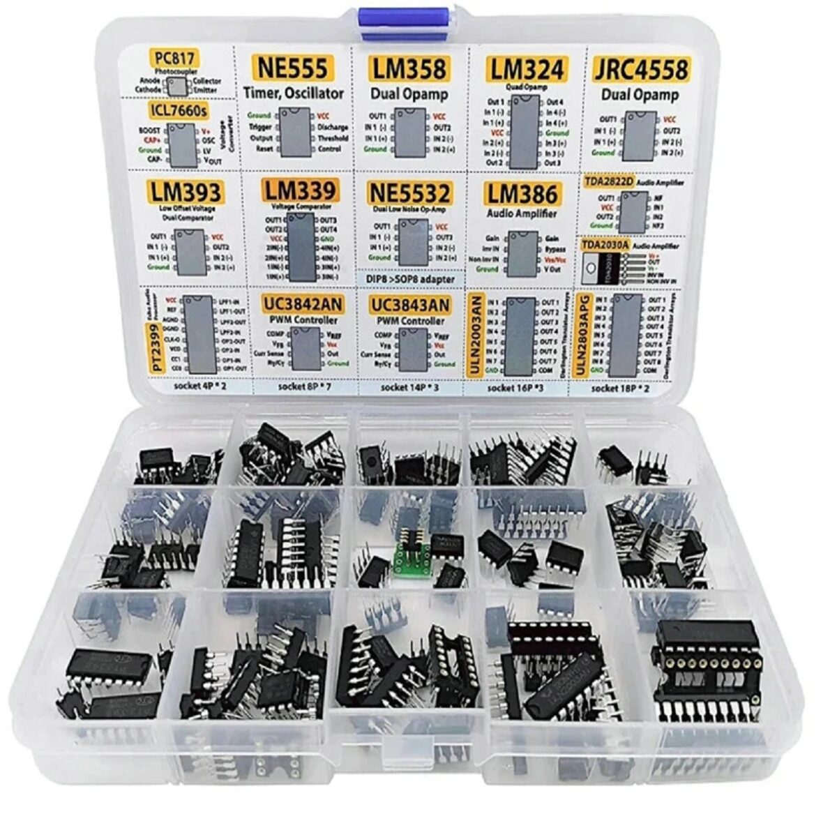 Assortment kit of 150 ICs with sockets and adapter in a 15-compartment box