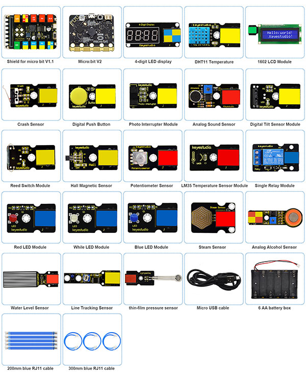 Complete Keyestudio EASY PLUG kit with micro:bit and sensors for STEM and coding