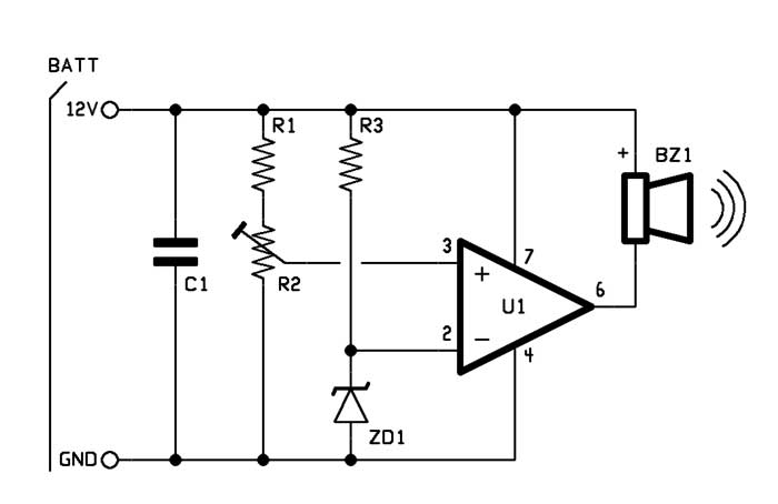 Indicatore acustico per batterie scariche da 12 VAvvisatore acustico per