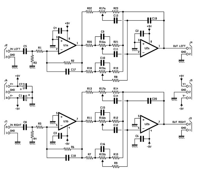 Three-band stereo tone control for bass, mid and treble adjustment - schematic