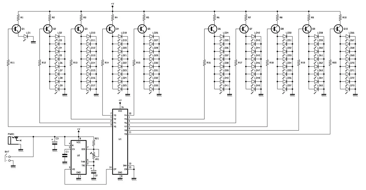 LED fireworks effect with NE555 and CD4017