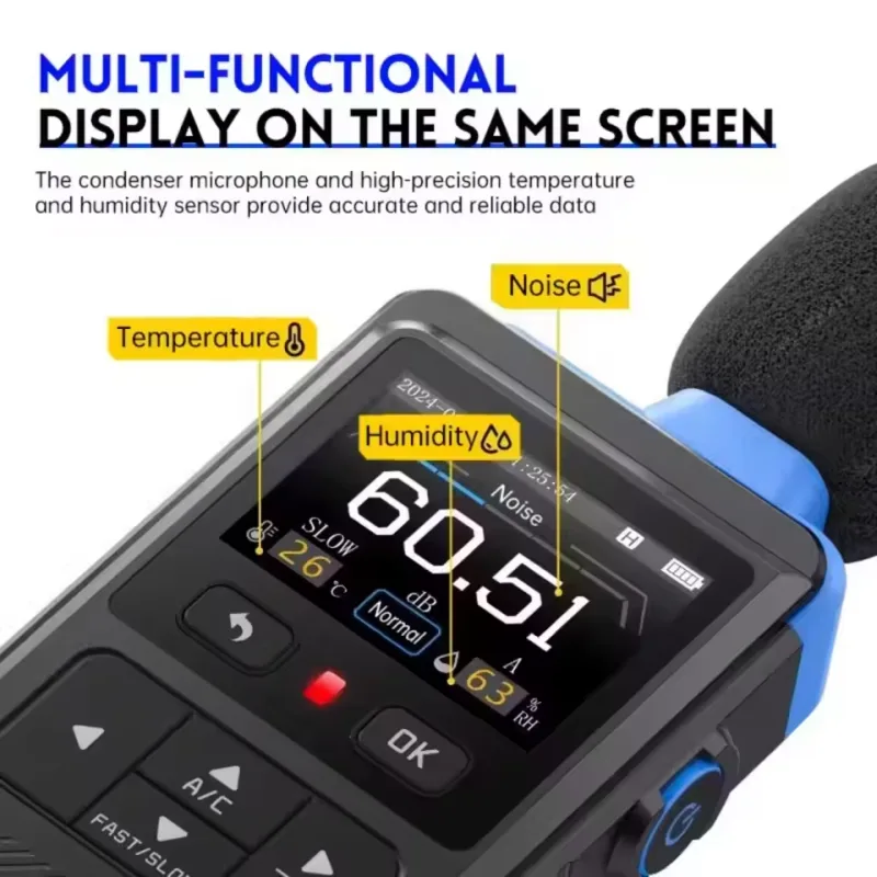 FNFDM02 multifunction display showing noise level, temperature and humidity together