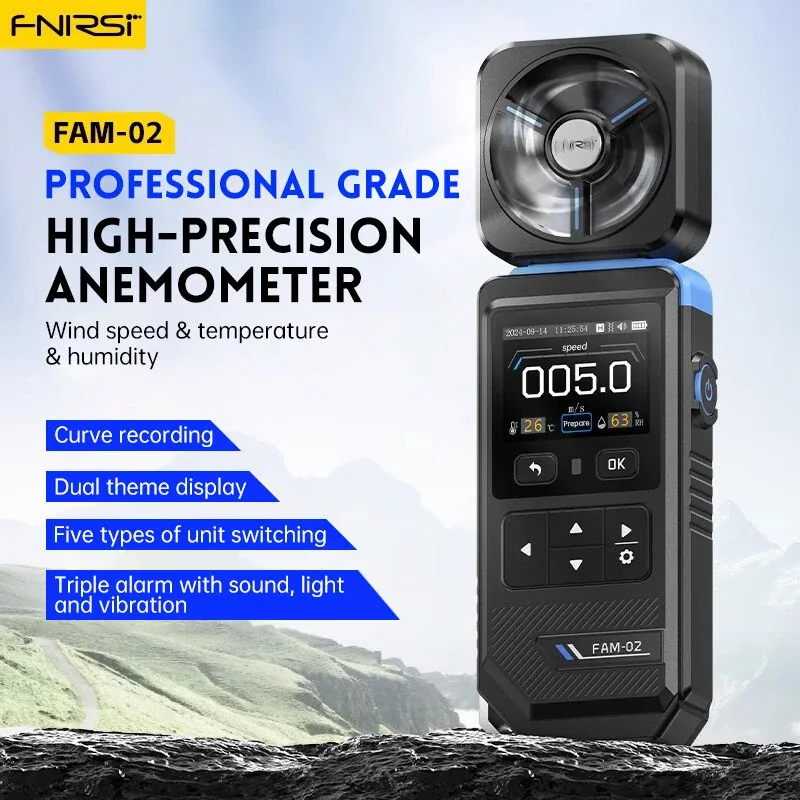 FSFAM02 anemometer banner showing the main functions: curves, dual measurement, 5 units and triple alarm