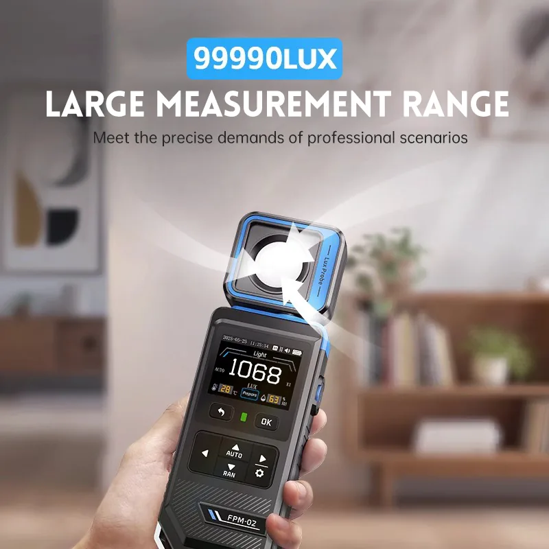 FSFPM02 light meter showing a reading with a wide range up to 99,990 lux