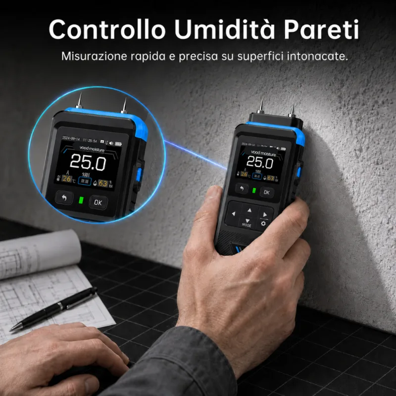 FSWHD02 pin-type moisture meter checking the moisture of a wall