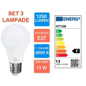 Set of 3 Natural White LED Lamps 220 VAC - E27 base - 13W