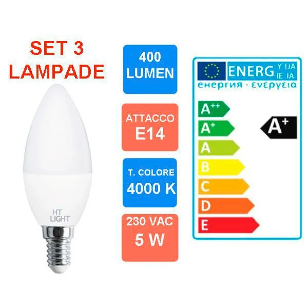 Set of 3 natural white LED candle bulbs 220 VAC - E14 base - 5W - Image 1