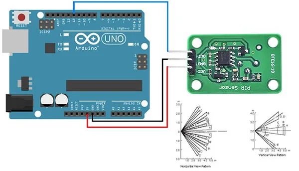 Wiring diagram of the BTE16-19 PIR motion sensor with Arduino