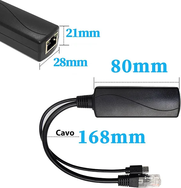 PoE splitter 48V to 5V 2.4A with USB-C output and RJ45 Ethernet port - Dimensions