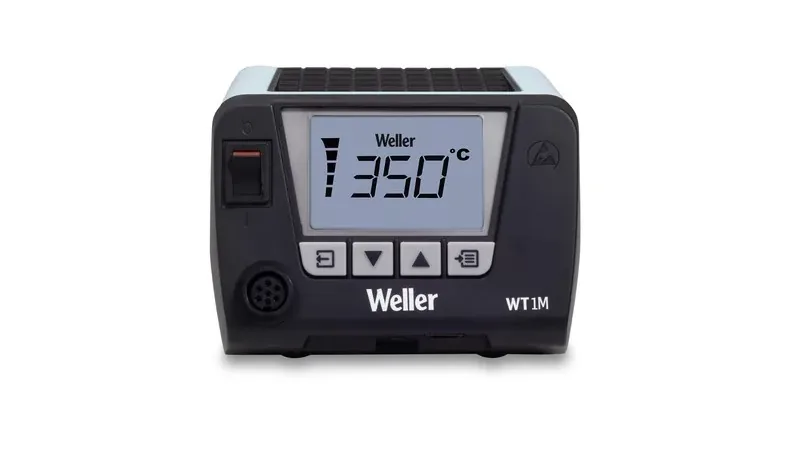 WT1010M's digital control unit with backlit 350°C LCD display, power switch, adjustment buttons and iron connector