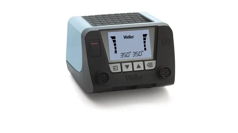 WT2023M's WT 2M station with 350°C two-channel graphic LCD display, red switch, adjustment buttons and two tool connectors