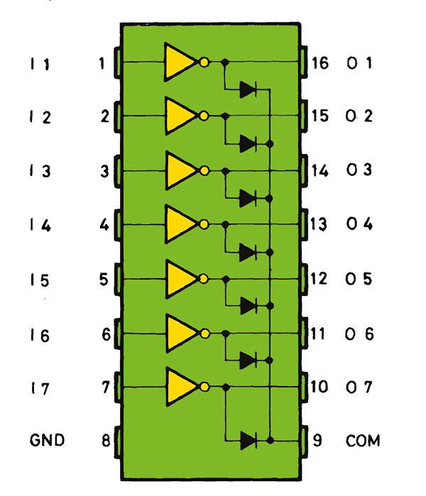 ULN2003 pinout and internal diagram