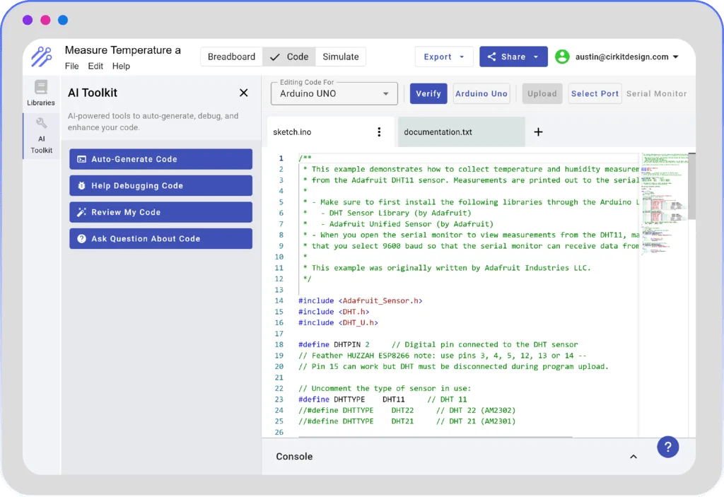 Screenshot of the Cirkit Designer platform interface showing circuit design and simulation tools