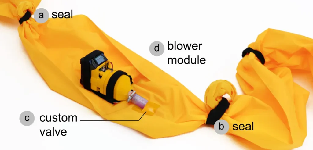 Yellow inflatable tube segment with two constrictions, custom valve, and blower module