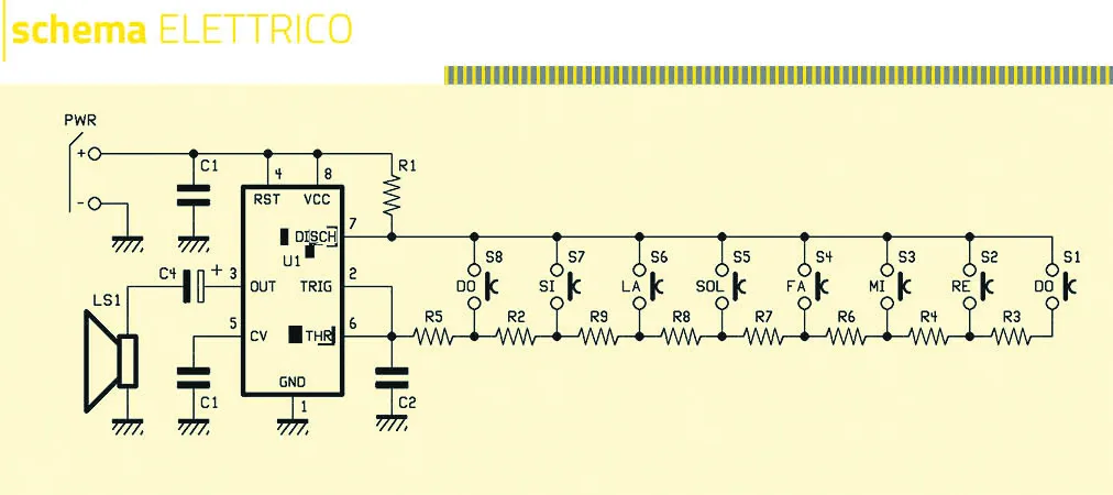 Circuit schematic of the mini electronic piano based on the 555 timer
