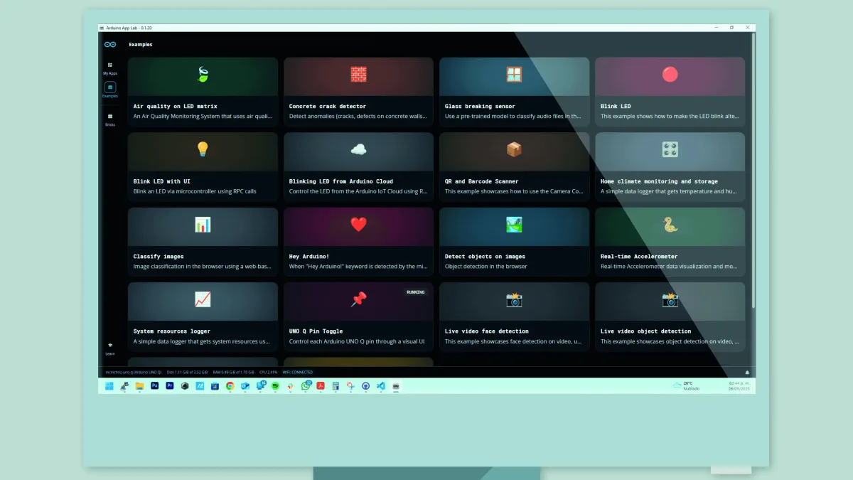Arduino App Lab interface with unified editor for sketches, Python, and Apps/Bricks