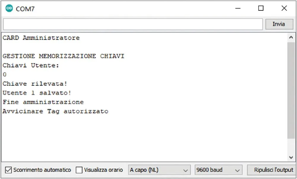 Serial Monitor output showing the storage of an authorized tag's UID