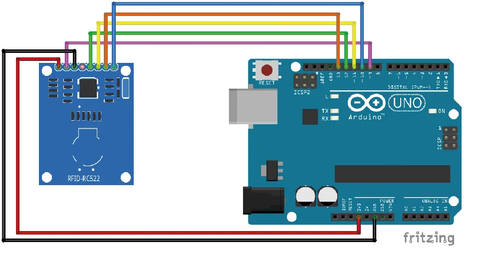 Wiring diagram showing connections between the RC522 module and Arduino UNO