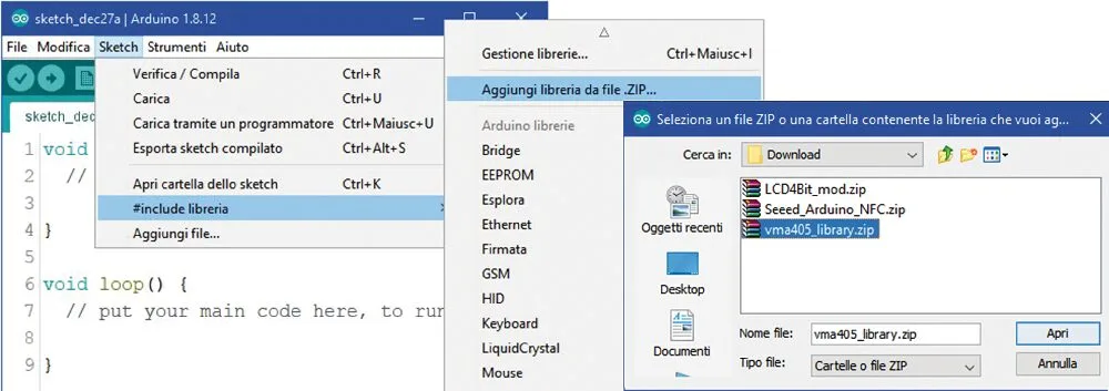Screenshot of the Arduino IDE showing the Add .ZIP Library dialog