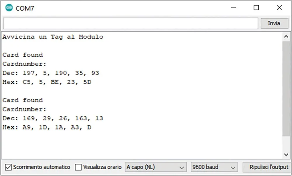 Serial Monitor output showing the UIDs of two different tags