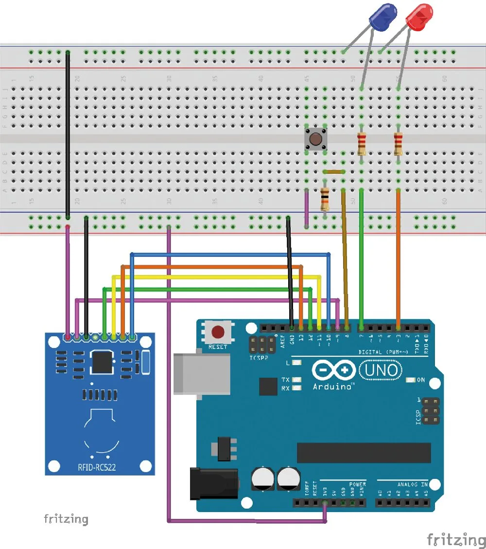 Wiring diagram of the access control circuit on a breadboard